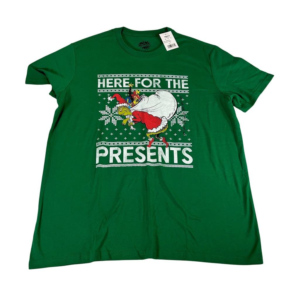 The Grinch Mens Kelly Green Christmas Graphic T-Shirt Here For The Presents L